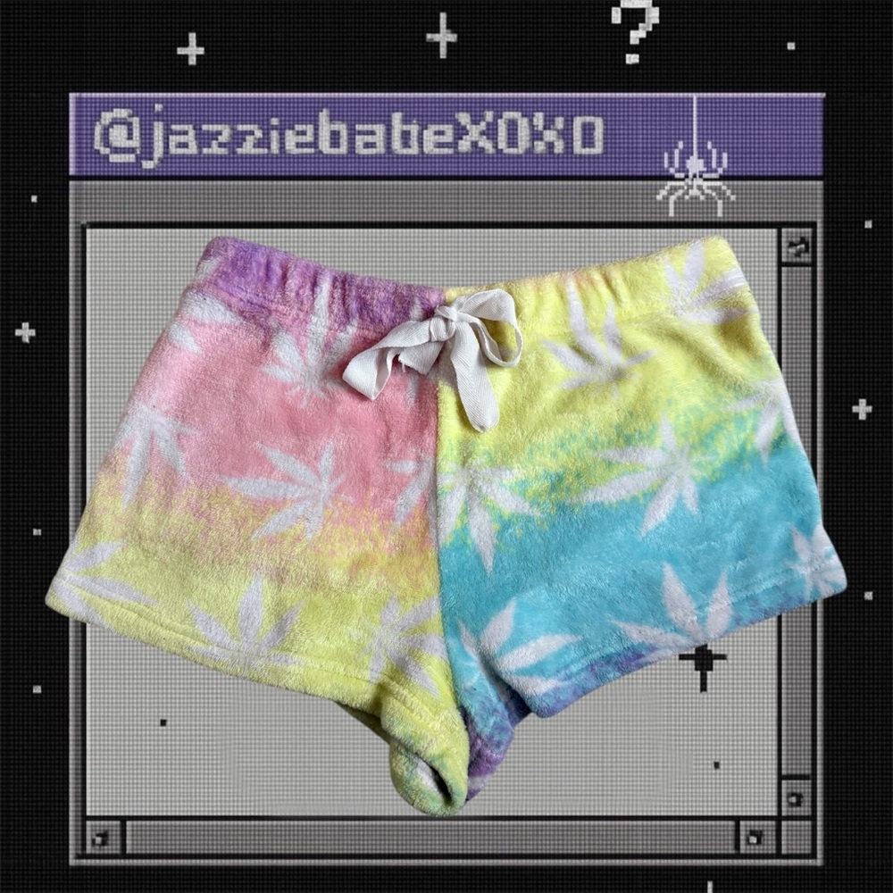 Fuzzy Multi-colored “trippy palm leaf” sleep shorts w tie string  
By Rue21